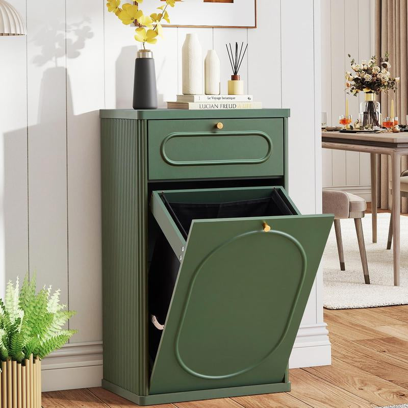 Giratree Tilt Out, Wood Kitchen Garbage Bin with Drawer, Fluted 10 Gallon Laundry Hamper