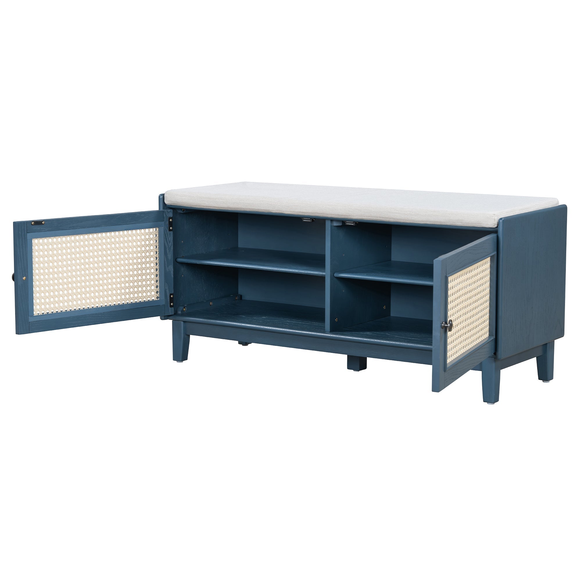 Boho Rattan Entryway Bench with Storage, Cushioned Shoe Bench with Double