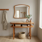 Console Table with Mirror Set, Solid Beech Wood Entryway Furniture, Scandinavian Minimalist Vanity