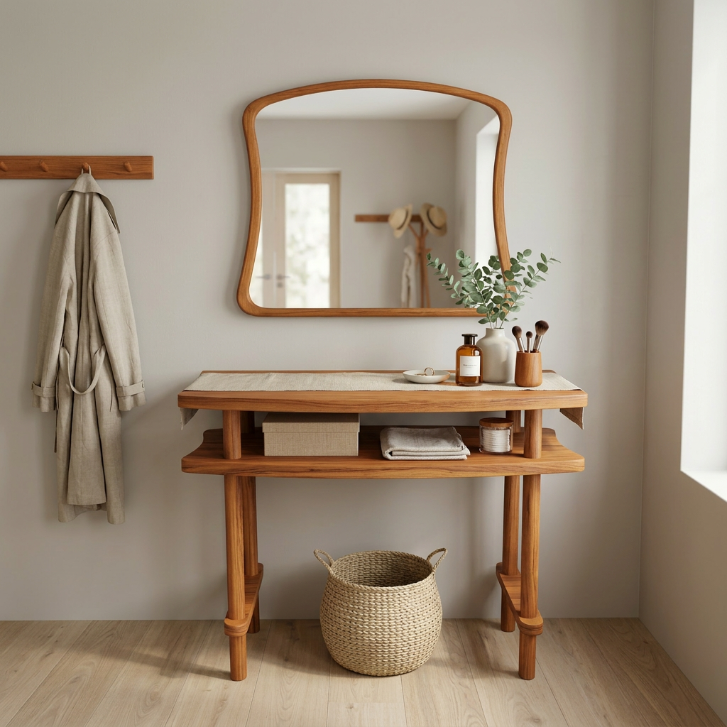 Console Table with Mirror Set, Solid Beech Wood Entryway Furniture, Scandinavian Minimalist Vanity
