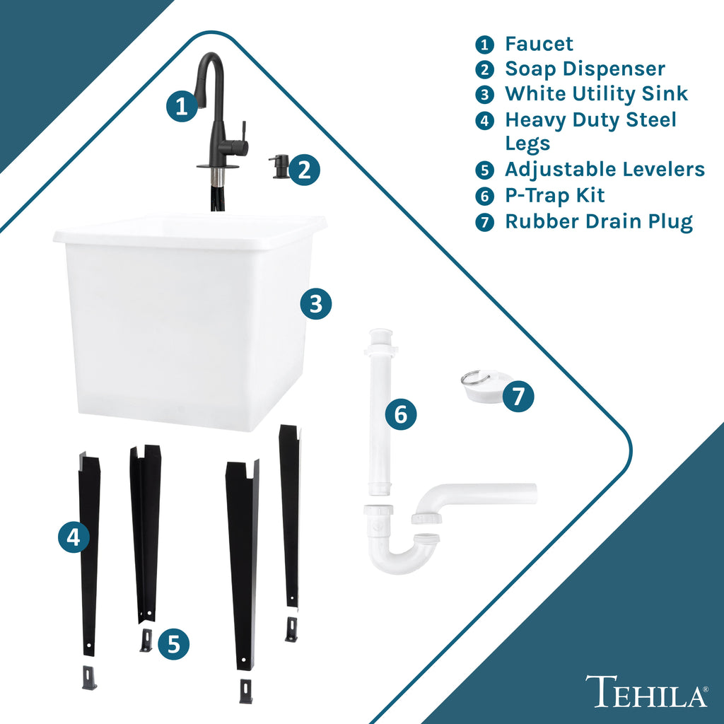 Tehila Space Saver Freestanding White Utility Sink with Black Finish Low-Profile Pull-Down Faucet