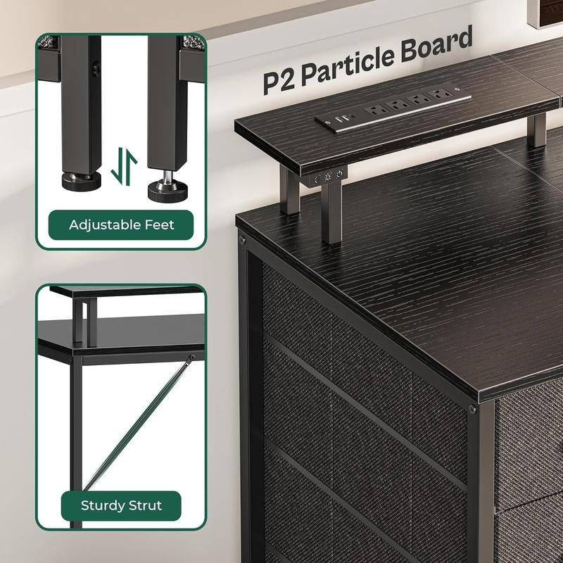 Computer Desk with Power Outlets and LED Lights, Gaming Desk with 4 Drawers, Office Desk with Monitor Stand, Study Work Home Office, Small Spaces, Black