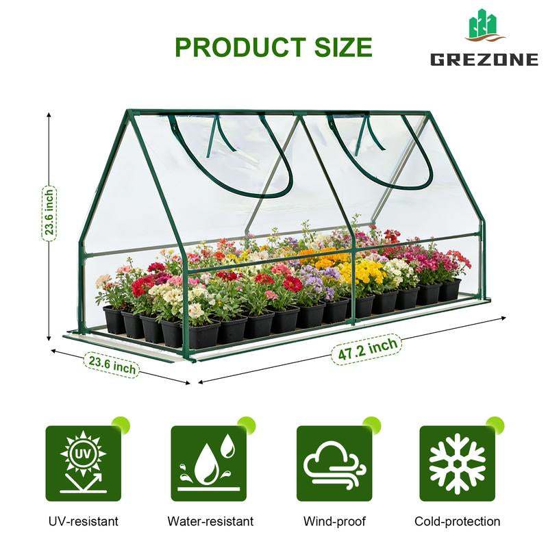 Grezone Portable Mini Cloche Greenhouse Elevated Bottom Reinforced High Light Transmission Waterproof UV Resistant Hot House for Indoor Outdoor