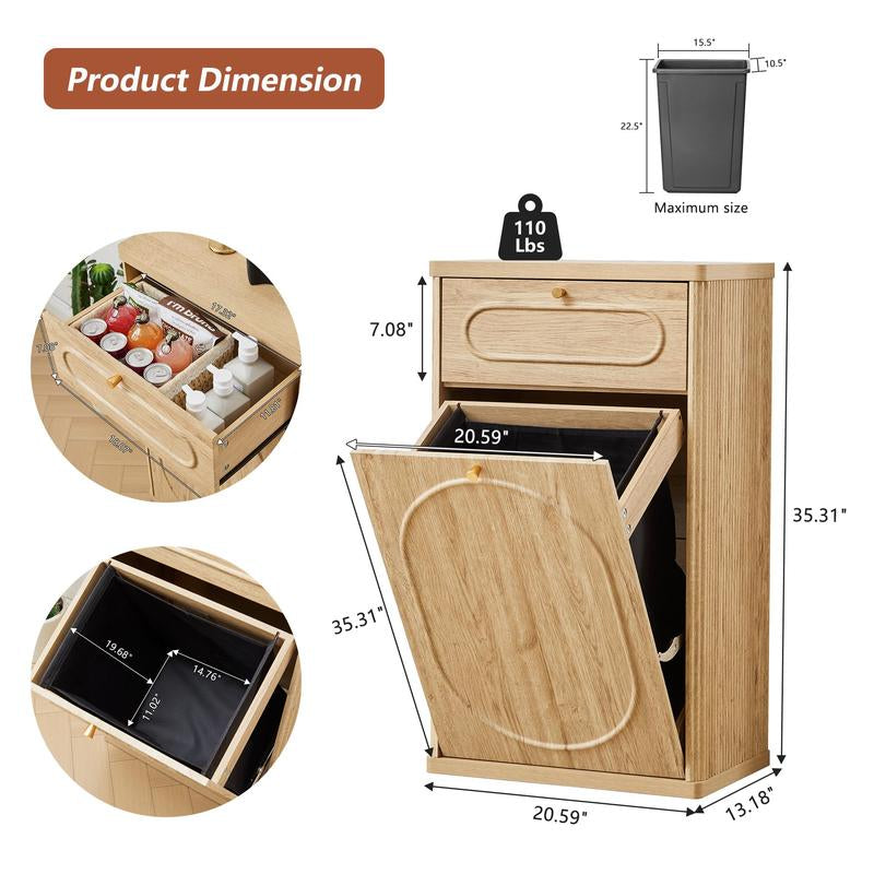 Giratree Tilt Out, Wood Kitchen Garbage Bin with Drawer, Fluted 10 Gallon Laundry Hamper