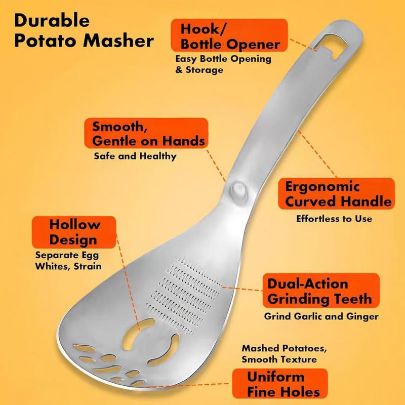 Heavy Duty Food Grade Stainless Steel: Multifunction Potato Masher w Slotted Spoon, Egg Separator, Grinder Kitchen Gadget, Easy Clean & Dishwasher Safe.