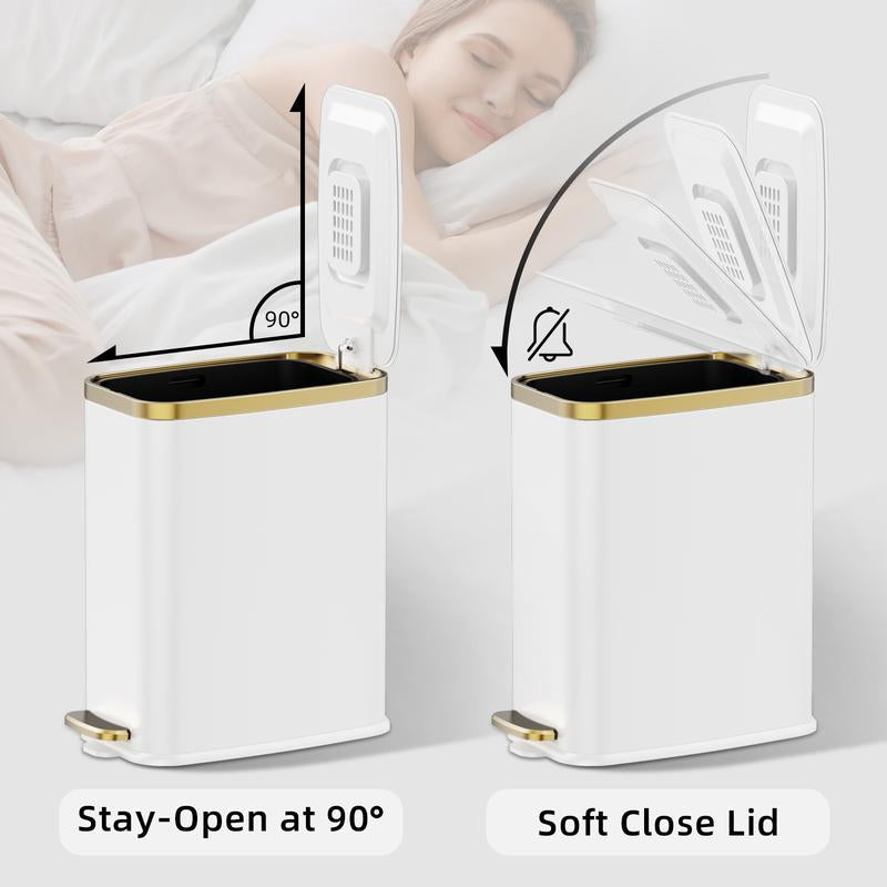1.6 Gal Slim Bathroom Trash Can with Slow-Closed Lid, Step Pedal, 6L Stainless Steel Garbage Can with Removable Inner Bucket, Built-In Odor Filter, Small Wastebasket for Bathroom, Toilet, Home Office, Bedroom
