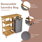 Bamboo Laundry Hamper Stand with Removable Sliding Bag and 3-Tier Open Shelves