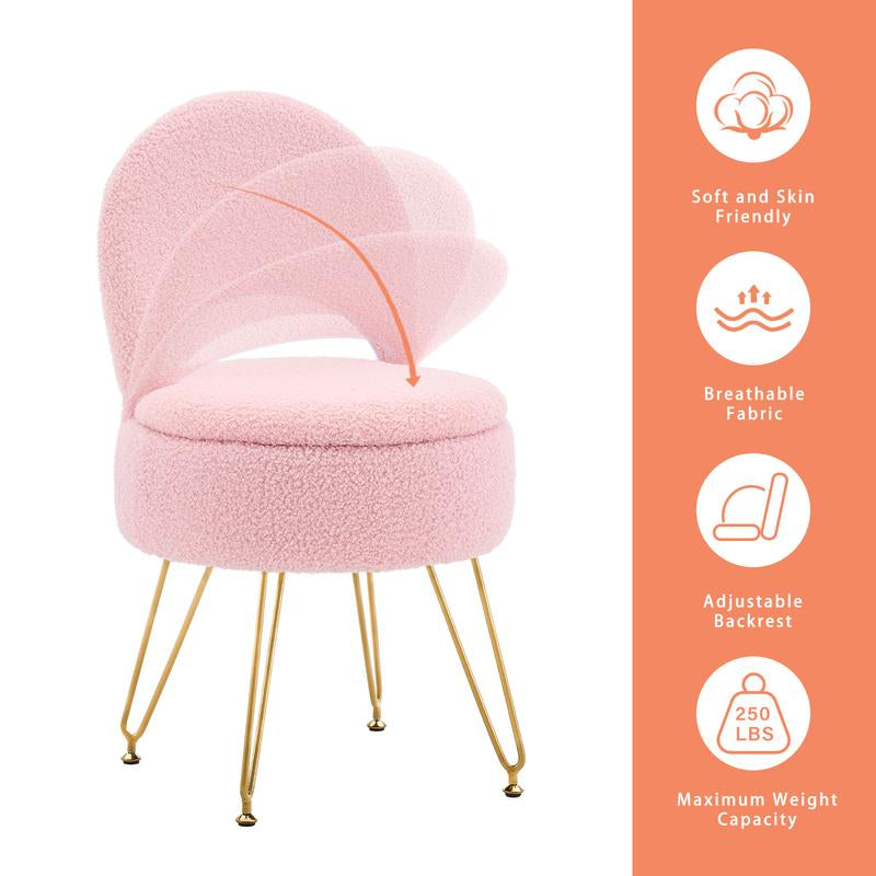 Teddy Velvet, Storage Vanity Stool Chair with Folding Back, Make-Up, Office, Bedroom