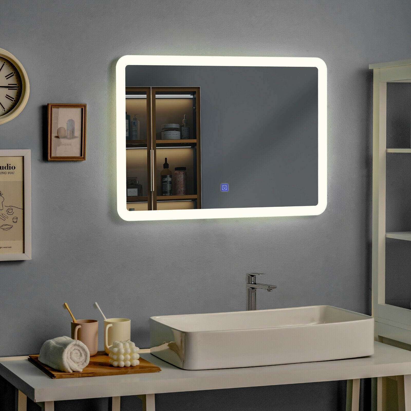 LED Wall-mounted Bathroom Rounded Arc Corner Mirror with Touch Control 28x20 Inch