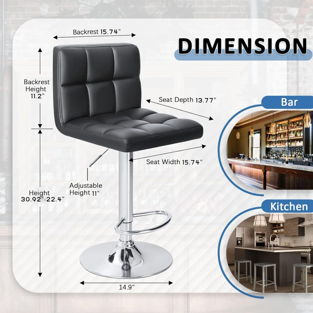 Modern PU Leather Adjustable Swivel Bar Stools, Armless Hydraulic Kitchen Counter Barstools, Extra Height Square Island Barstools with Back, Set of 2 (Black)