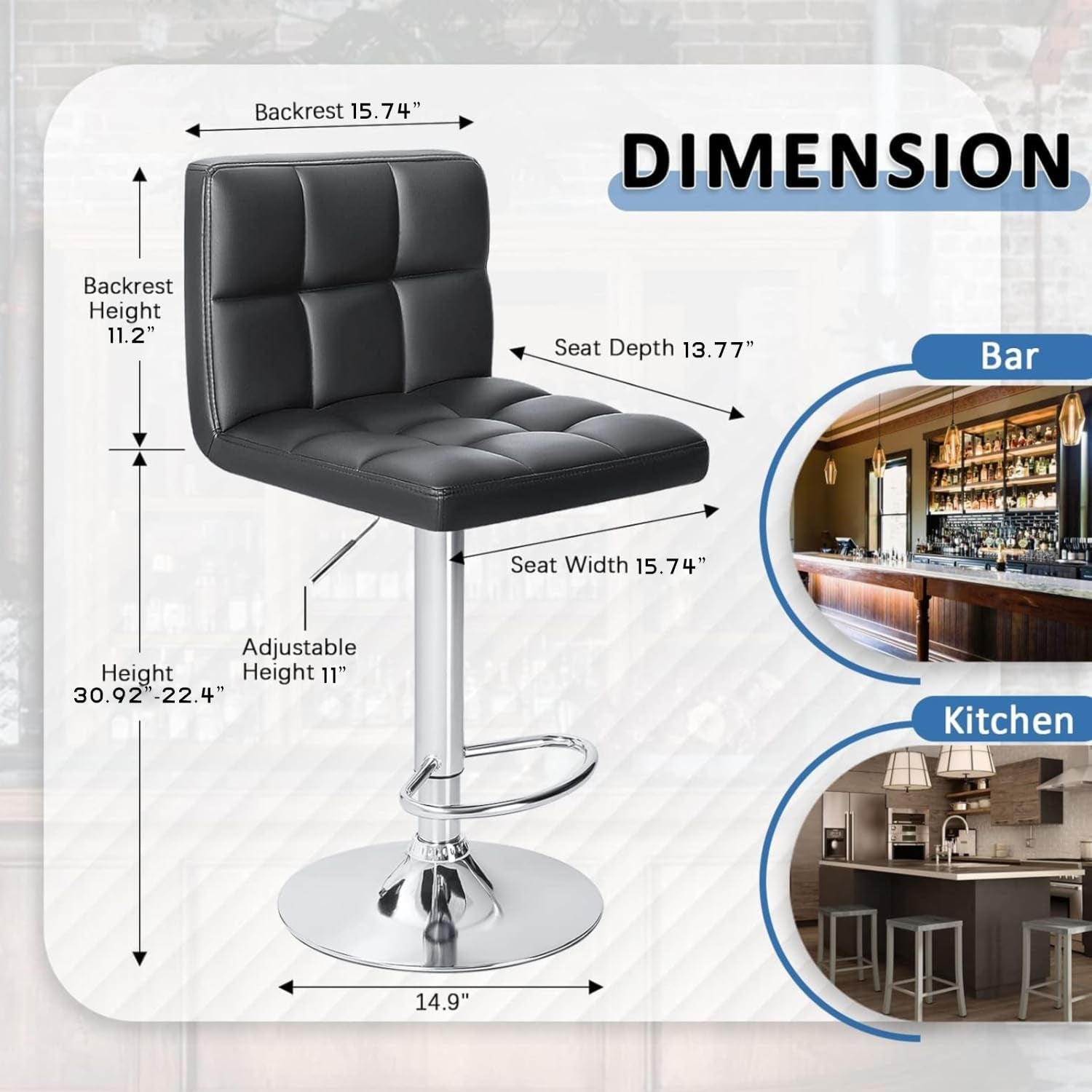 Modern PU Leather Adjustable Swivel Bar Stools, Armless Hydraulic Kitchen Counter Barstools, Extra Height Square Island Barstools with Back, Set of 2 (Black)