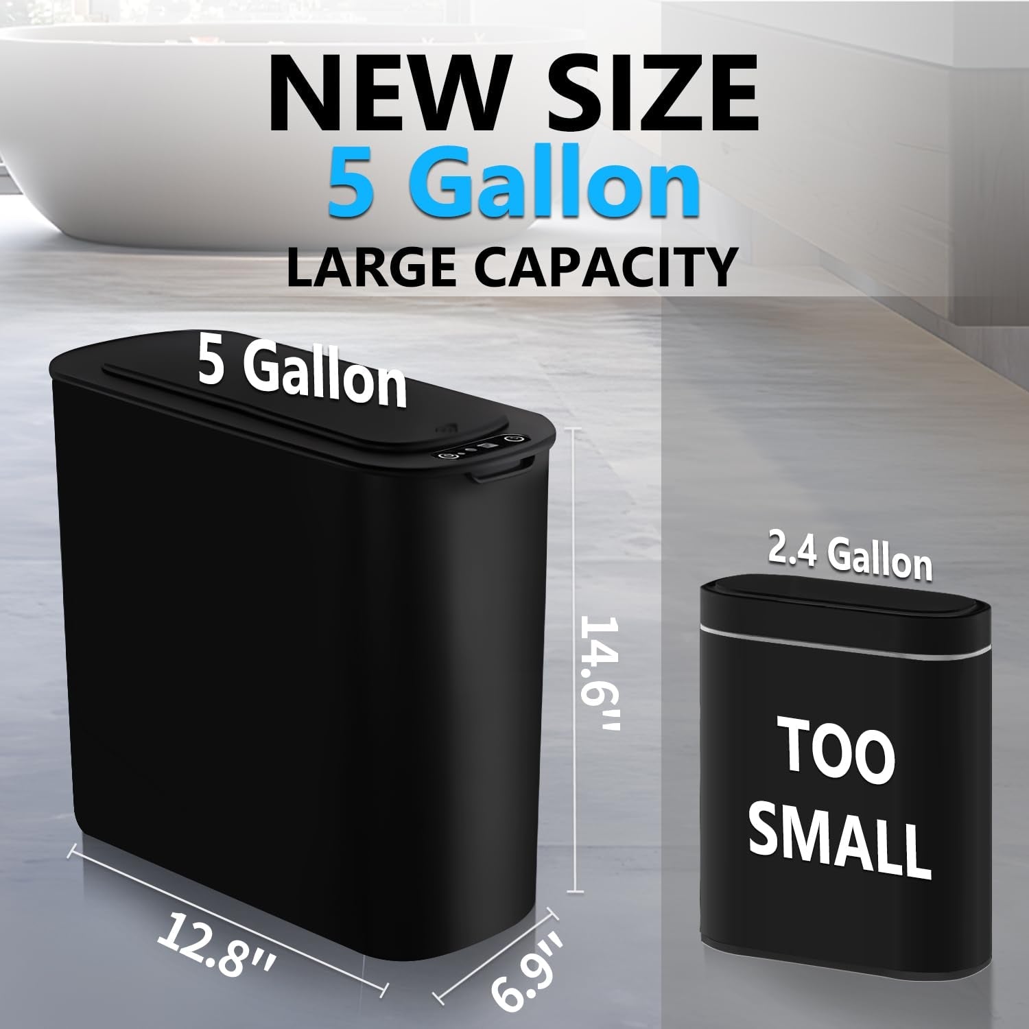 TIPGO 5 Gallon Motion Senor Bathroom Trash Can with Lid, VARIOUS COLORS, Automatic Garbage Can Touchless, Smart Plastic Waste Basket for Narrow Spaces, Bathroom, Office, Bedroom, Living Room (Black)