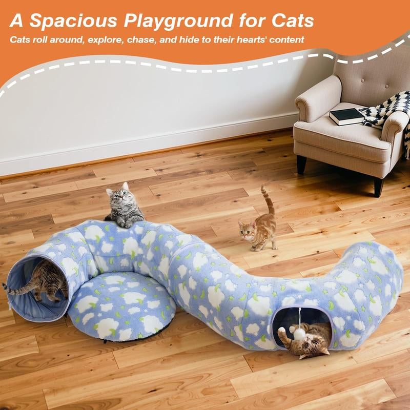 Cat Tunnels for Indoor Cats, 35'' Plush Cat Tunnel Bed Christmas Tree Skirt with Playful Ball and Circle Cushion, Foldable Peekaboo Cave, Interactive Toy