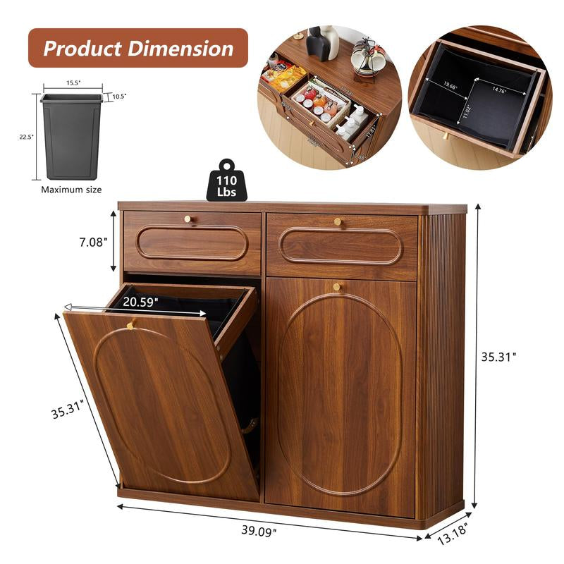 Giratree Tilt Out, Wood Kitchen Garbage Bin with Drawer, Fluted 10 Gallon Laundry Hamper
