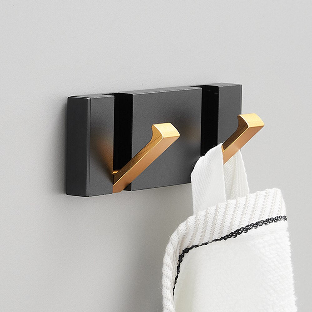 Black Gold, Folding Towel Hanger 2way Installation Wall Hooks Coat Clothes Towel Umbrella Leash Holder for Bathroom Kitchen Bedroom Hallway Pantry Laundry Entry Patio Pets