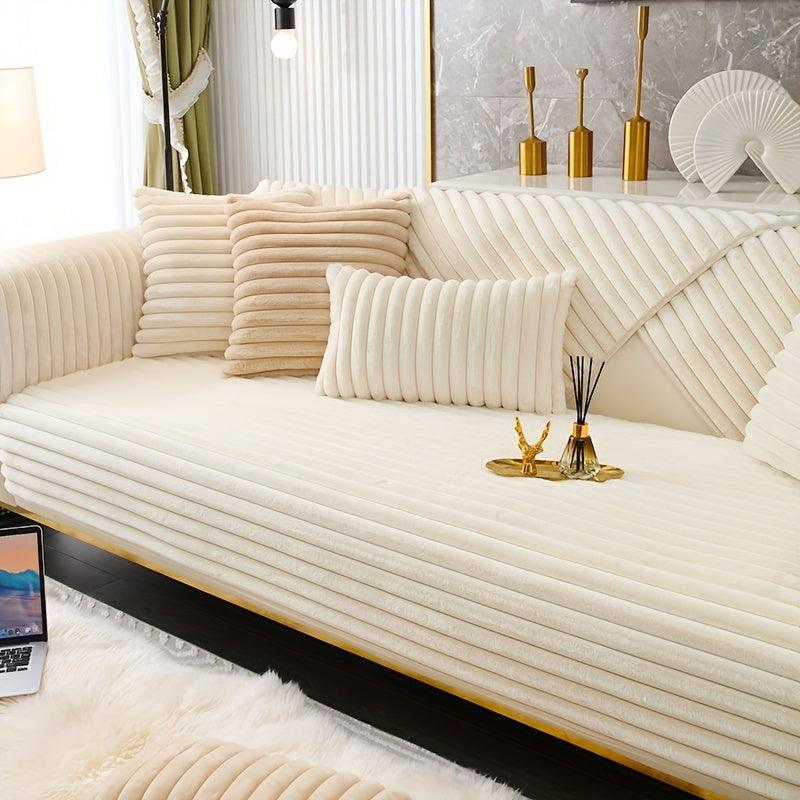 Luxurious Rabbit Fur Sofa Slipcover | Non-Slip Light Grey for Pet/Kid Protection