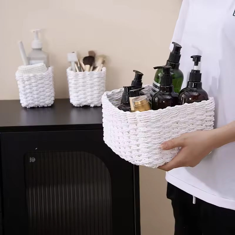 3-Piece Handmade Straw-Woven Paper-Rope Storage Baskets (Bath, Home, & Office Use)