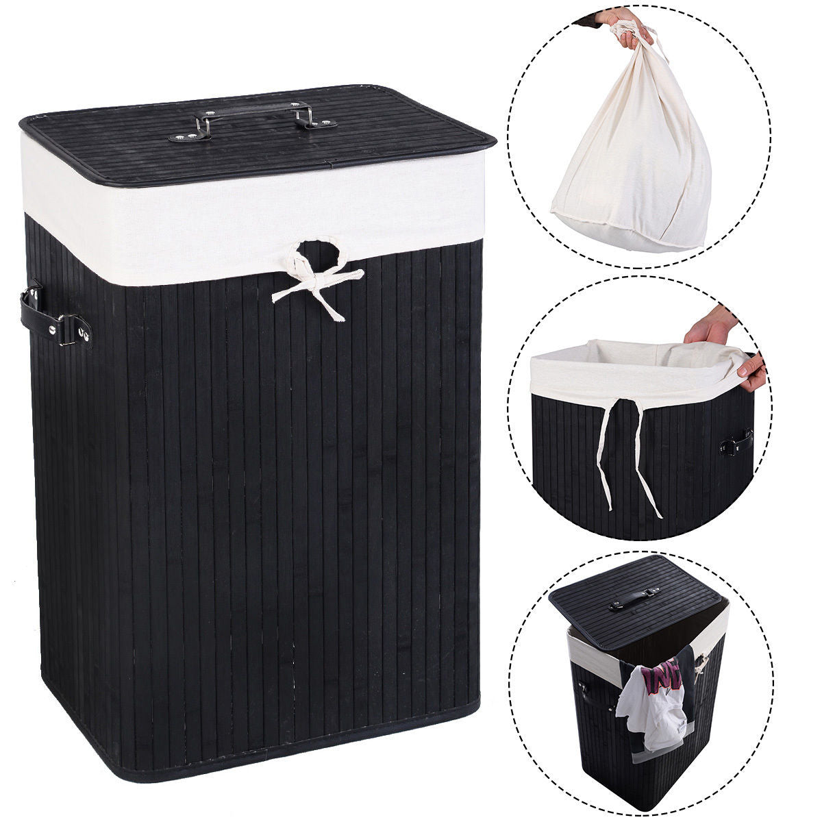 19 Gal Rectangle Laundry Basket Bamboo Clothes Hamper with Handles and Lid, Various Colors Black, Natural, White