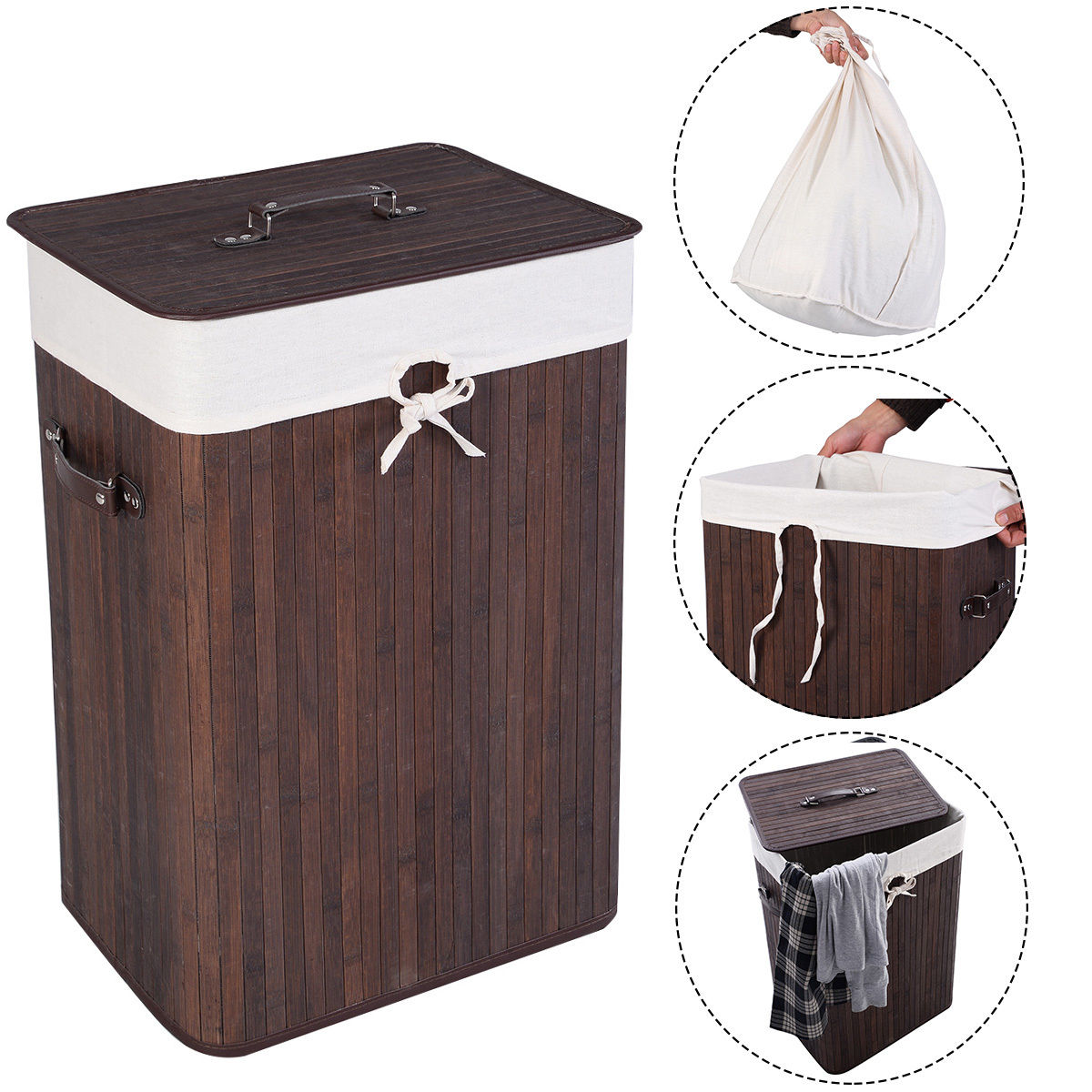 19 Gal Rectangle Laundry Basket Bamboo Clothes Hamper with Handles and Lid, Various Colors Black, Natural, White