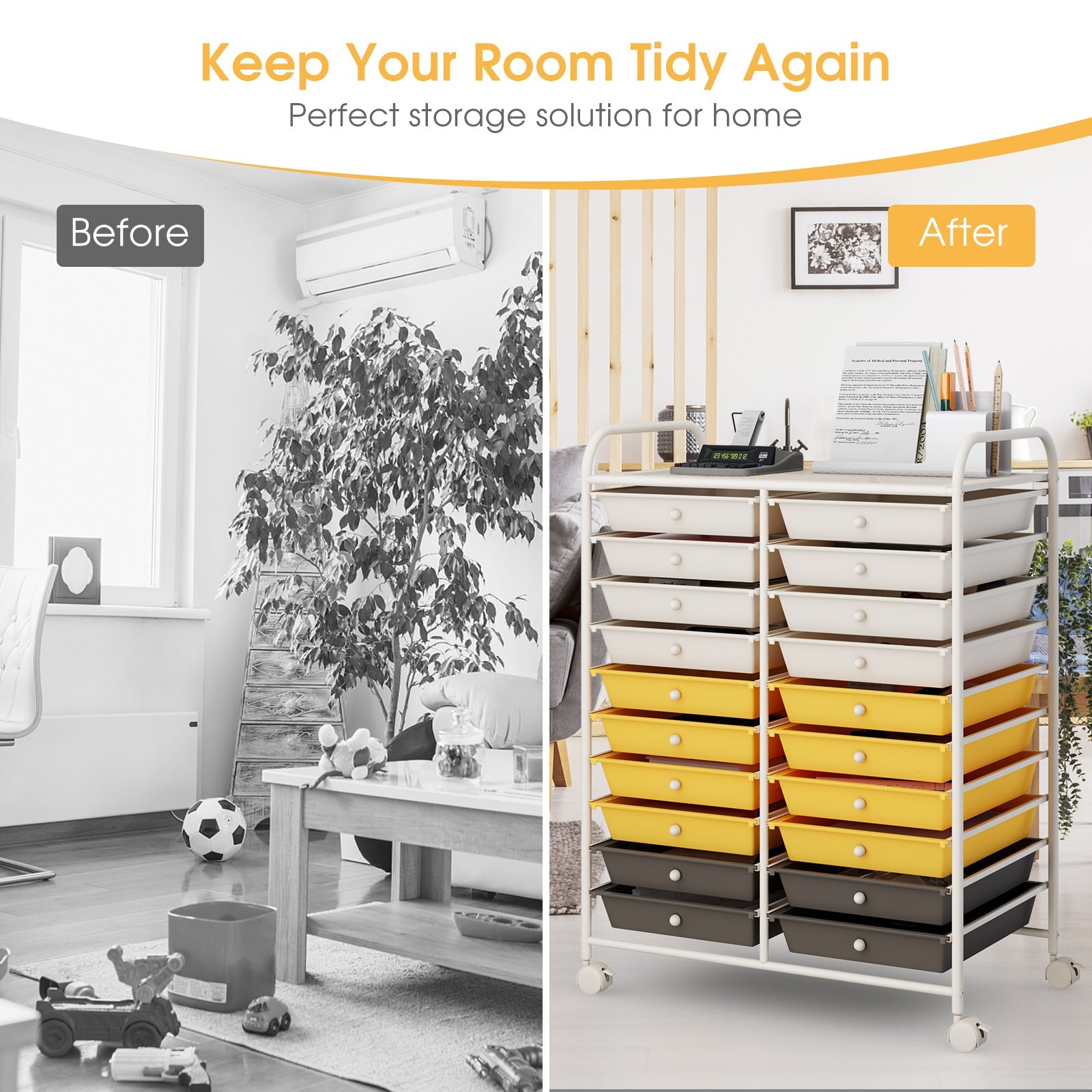 20 Drawers Storage Rolling Cart Studio Organizer-Yellow