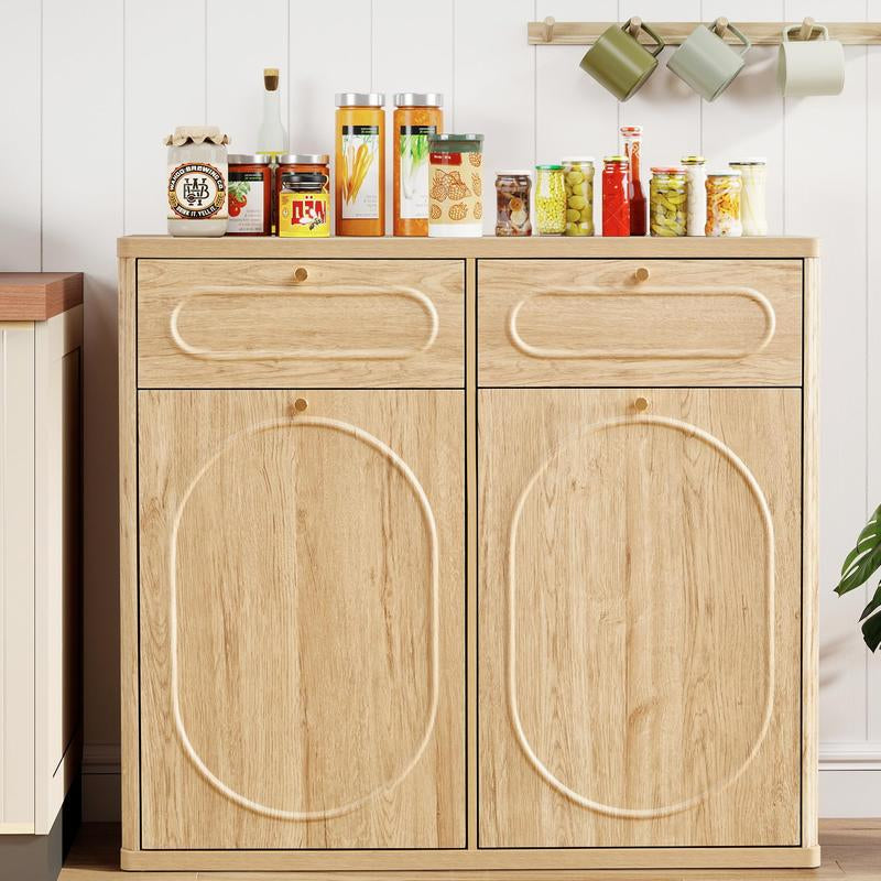 Giratree Tilt Out, Wood Kitchen Garbage Bin with Drawer, Fluted 10 Gallon Laundry Hamper