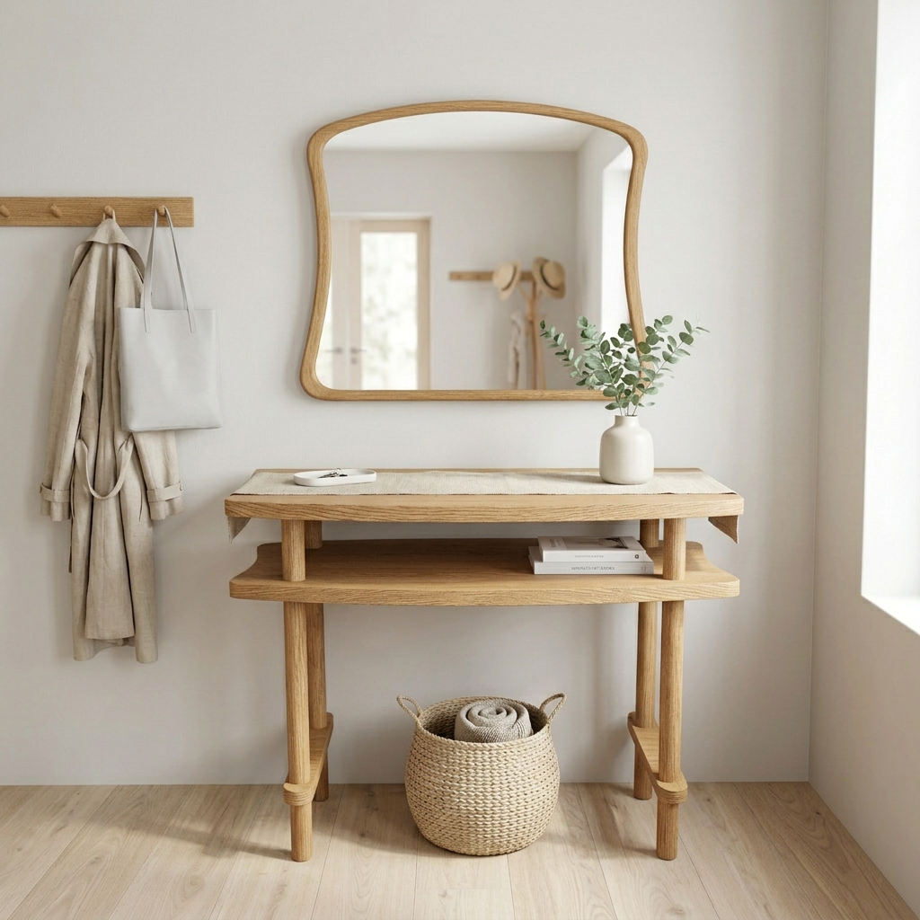 Console Table with Mirror Set, Solid Beech Wood Entryway Furniture, Scandinavian Minimalist Vanity