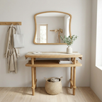 Console Table with Mirror Set, Solid Beech Wood Entryway Furniture, Scandinavian Minimalist Vanity