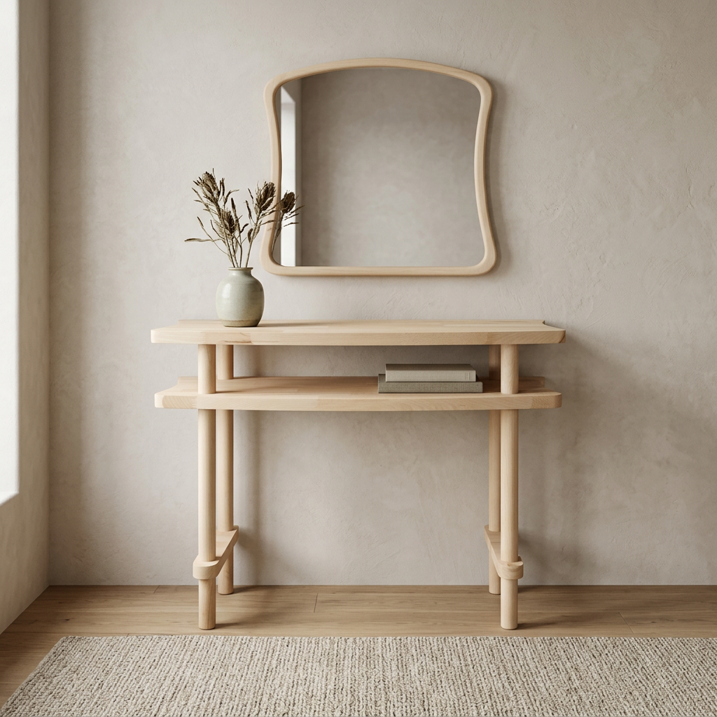 Console Table with Mirror Set, Solid Beech Wood Entryway Furniture, Scandinavian Minimalist Vanity