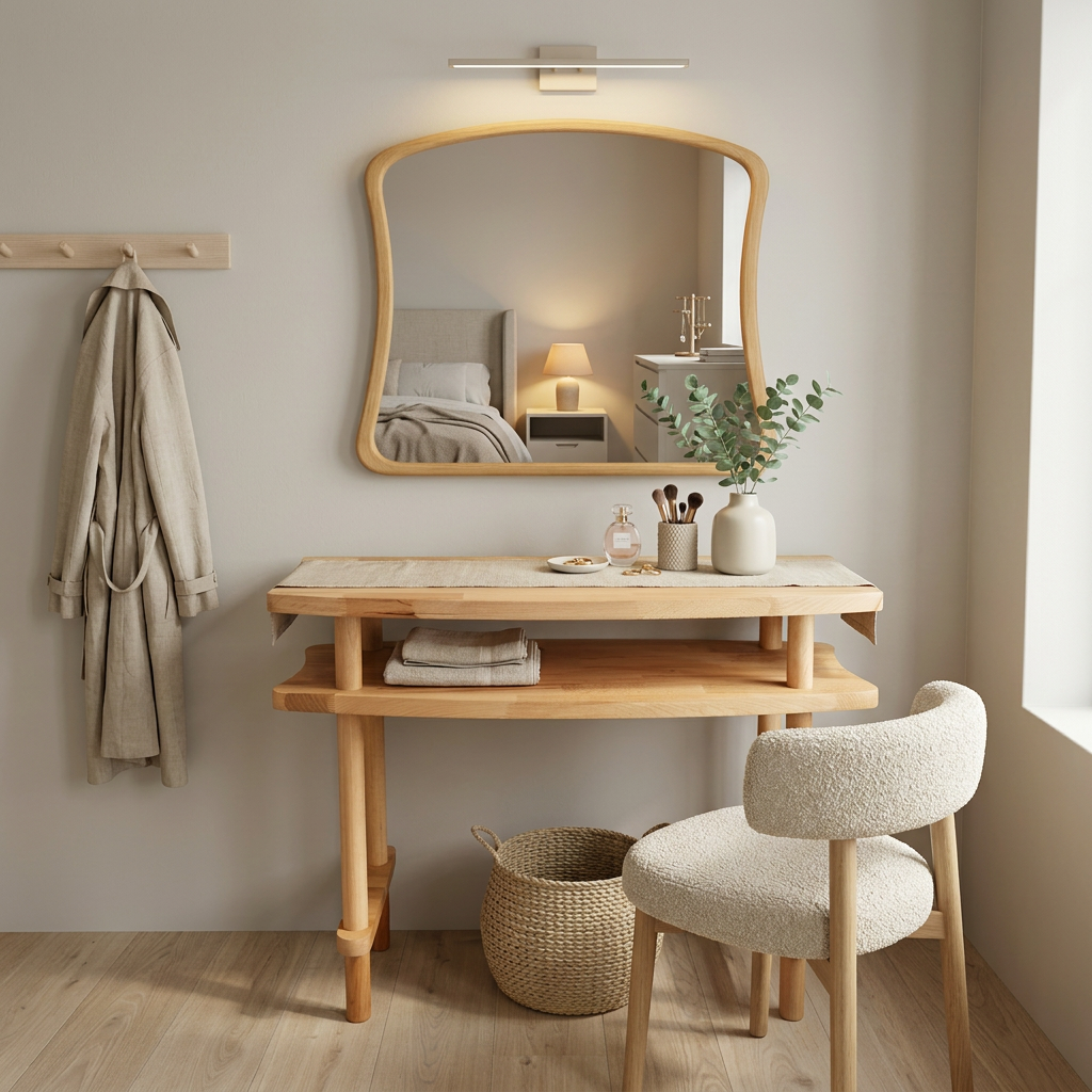 Console Table with Mirror Set, Solid Beech Wood Entryway Furniture, Scandinavian Minimalist Vanity