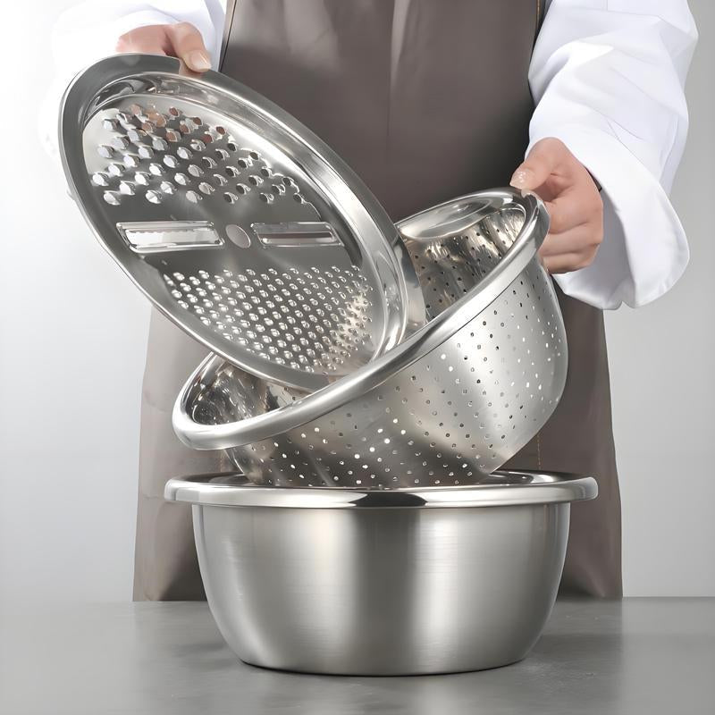 3-In-1 Stainless Steel Multi-Functional Strainer Set, Includes Basin/Sieve/Cutter, Ideal for Washing Rice Fruits Vegetables Kitchen Essentials