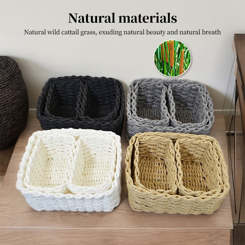 3-Piece Handmade Straw-Woven Paper-Rope Storage Baskets (Bath, Home, & Office Use)