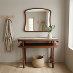 Console Table with Mirror Set, Solid Beech Wood Entryway Furniture, Scandinavian Minimalist Vanity
