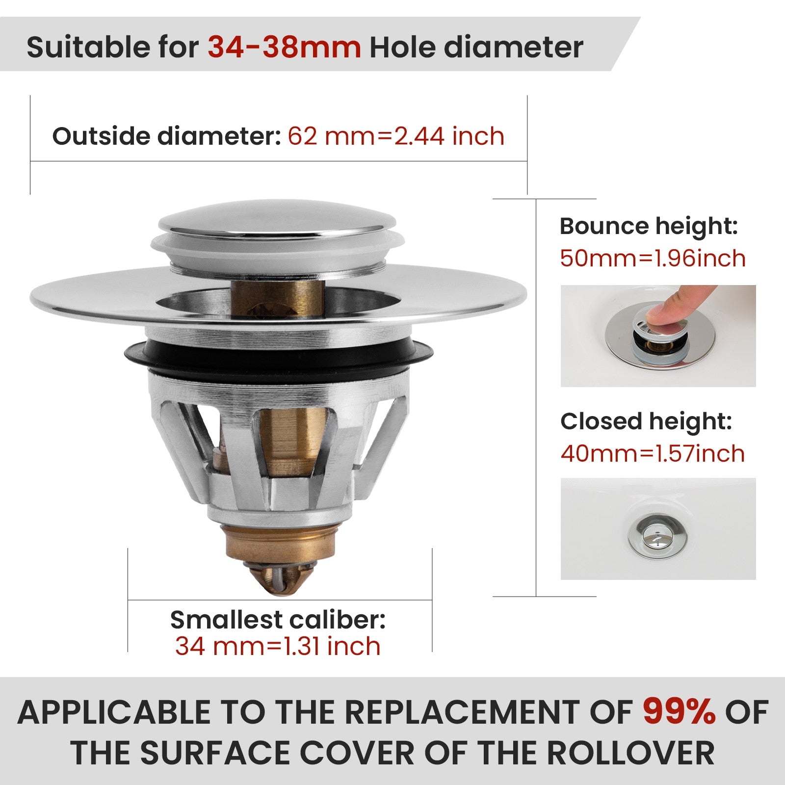 Zezzo Bounce Core Pop-up Drain Filter Bathroom Stainless Steel Bounce Core Push-type Hair Stopper Basin Pop-up Drain Filter