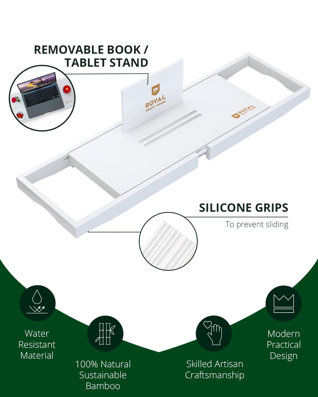 Bamboo Bathtub Caddy Tray Lite, White