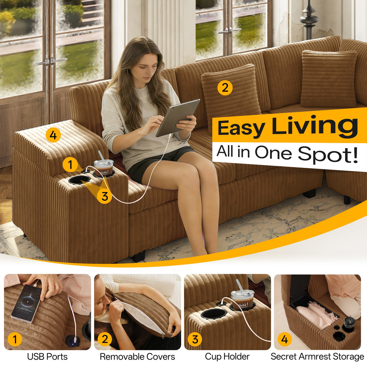 L-Shaped Sectional Sofa Set with Removable Ottoman