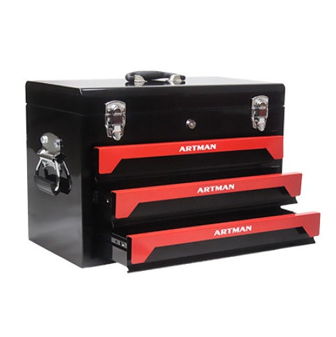 20 Portable 3 Drawer Steel Tool Box With Metal Latch Closure, Black  Red