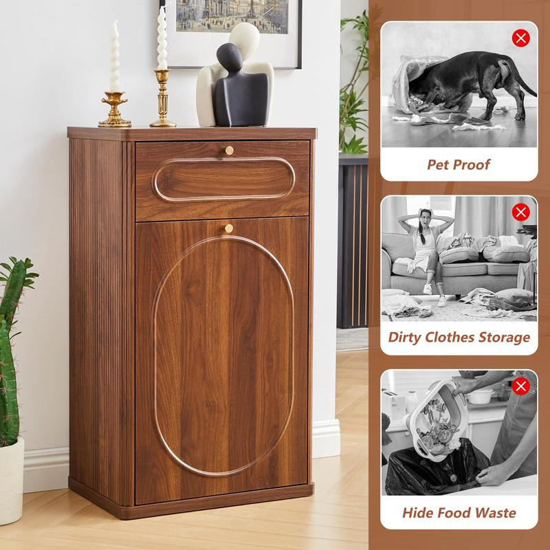 Giratree Tilt Out, Wood Kitchen Garbage Bin with Drawer, Fluted 10 Gallon Laundry Hamper