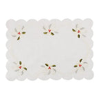 Fennco Styles Embroidered Holly & Ribbon Design Holiday Placemats 14" W x 20" L, Set of 4 - Natural Table Mats for Christmas, Winter Holidays, Home Décor, Banquet, Family Gathering, Special Occasion