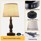 Bedside Table Lamps Set Of 2 With USB Ports And Dimmable