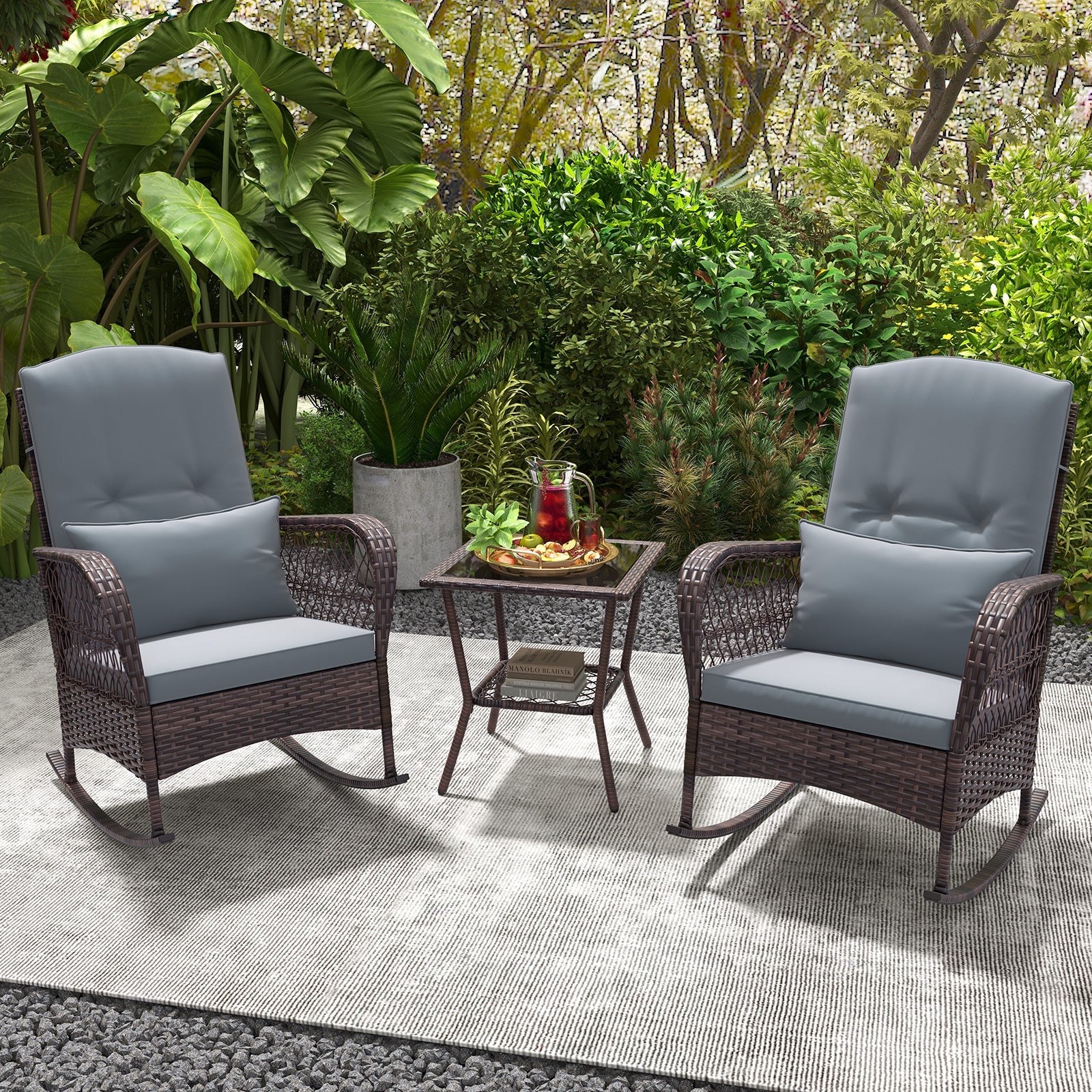 3 Pieces Rocking Bistro Set with 2-Tier Coffee Table