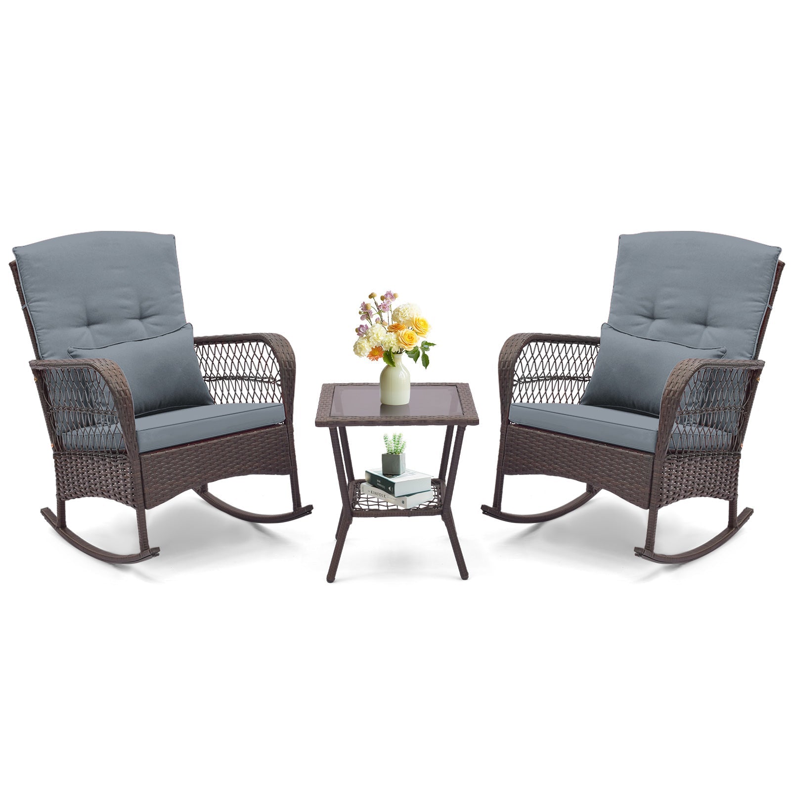 3 Pieces Rocking Bistro Set with 2-Tier Coffee Table