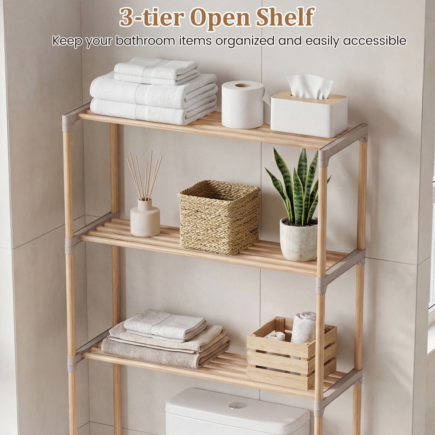 3-Tier Over The Toilet Storage Rack with Open Shelves-Gray Solid Pine