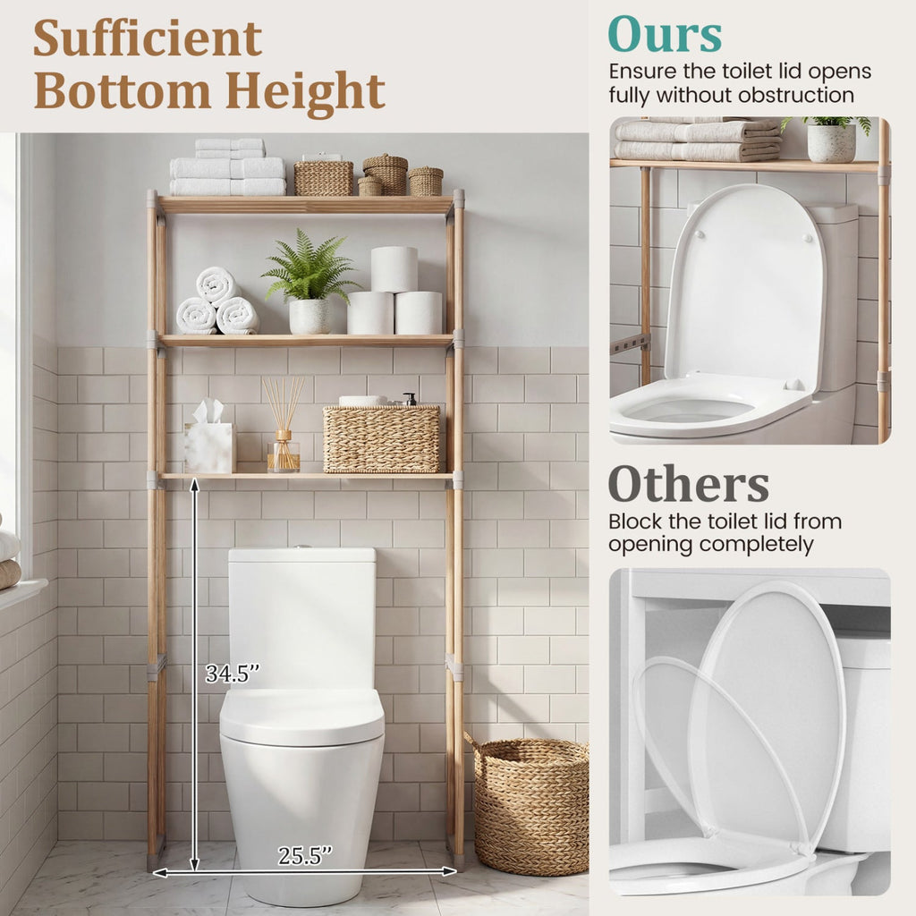 3-Tier Over The Toilet Storage Rack with Open Shelves-Gray Solid Pine