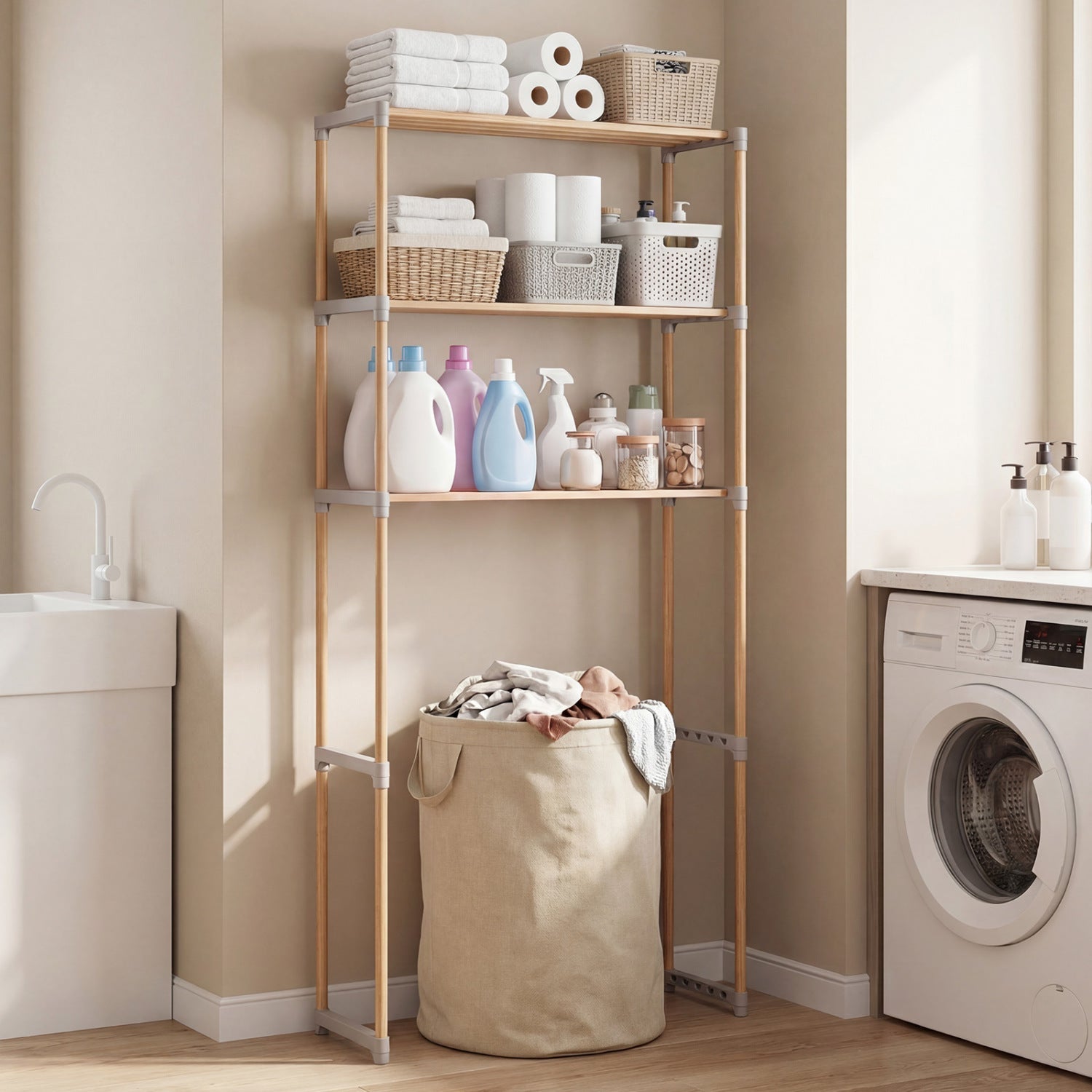 3-Tier Over The Toilet Storage Rack with Open Shelves-Gray Solid Pine