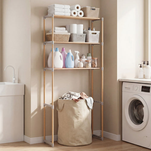 3-Tier Over The Toilet Storage Rack with Open Shelves-Gray Solid Pine