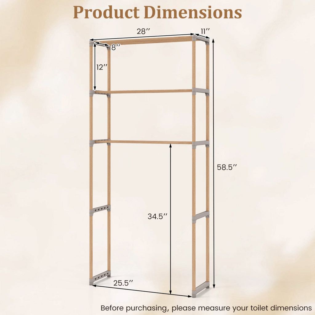 3-Tier Over The Toilet Storage Rack with Open Shelves-Gray Solid Pine