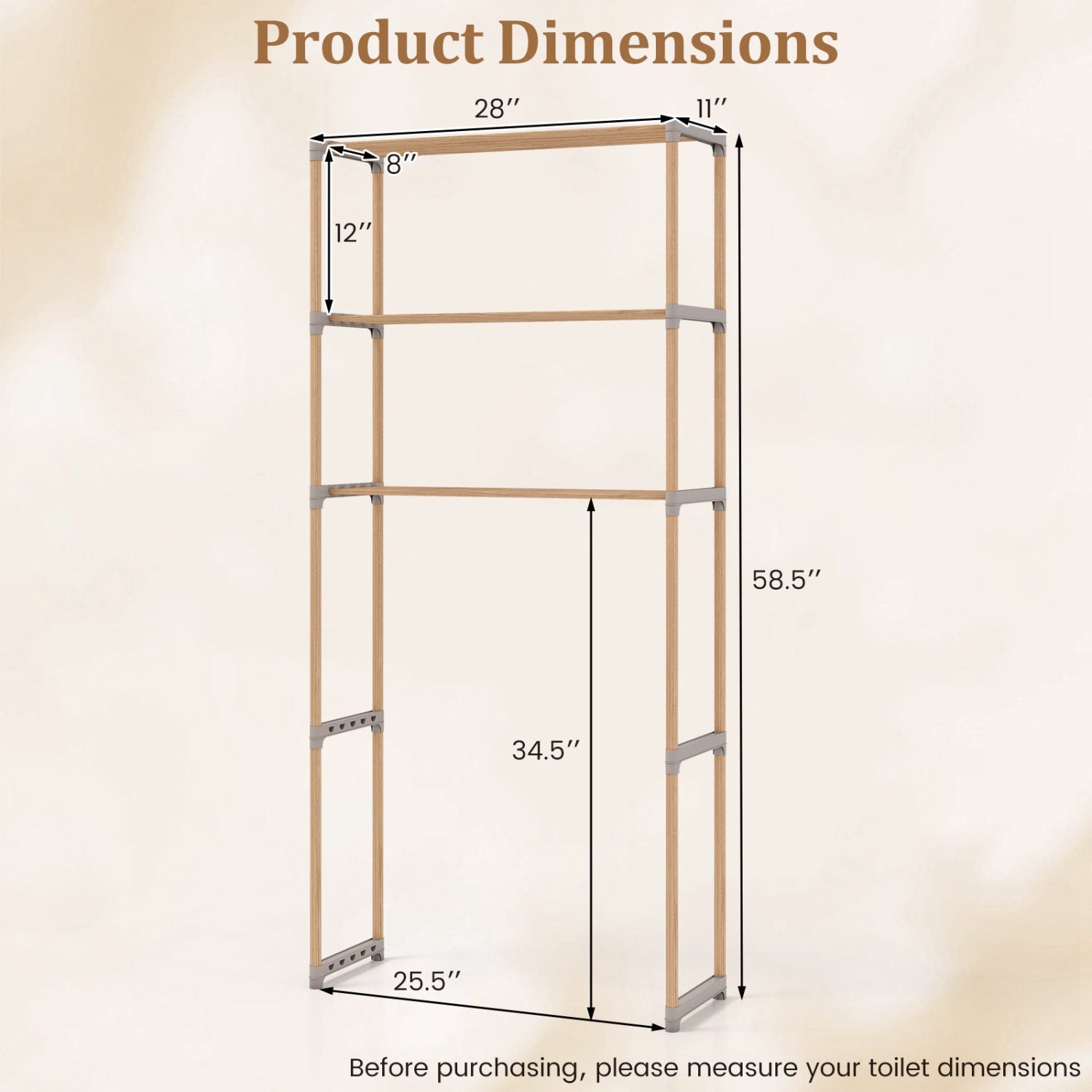 3-Tier Over The Toilet Storage Rack with Open Shelves-Gray Solid Pine