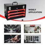 20 Portable 3 Drawer Steel Tool Box With Metal Latch Closure, Black  Red