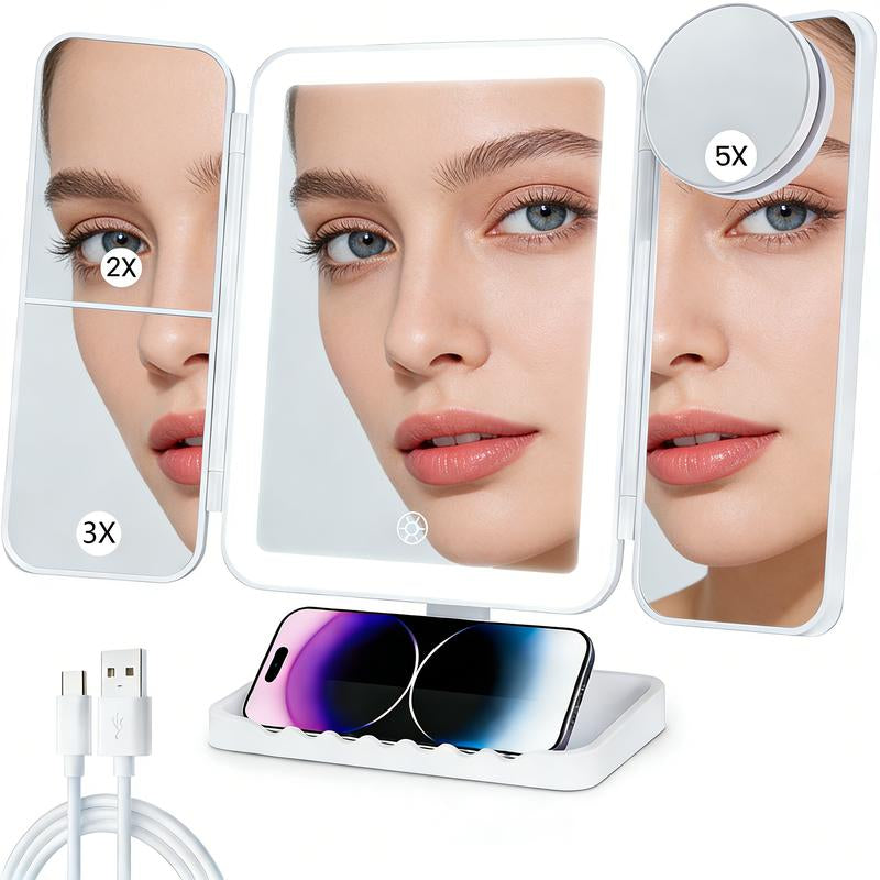 Great Gift! KEIMI Portable LED Light Makeup Mirror, Adjustable Touch Lighting, 2X/3X/5X Magnification Foldable Vanity Mirror