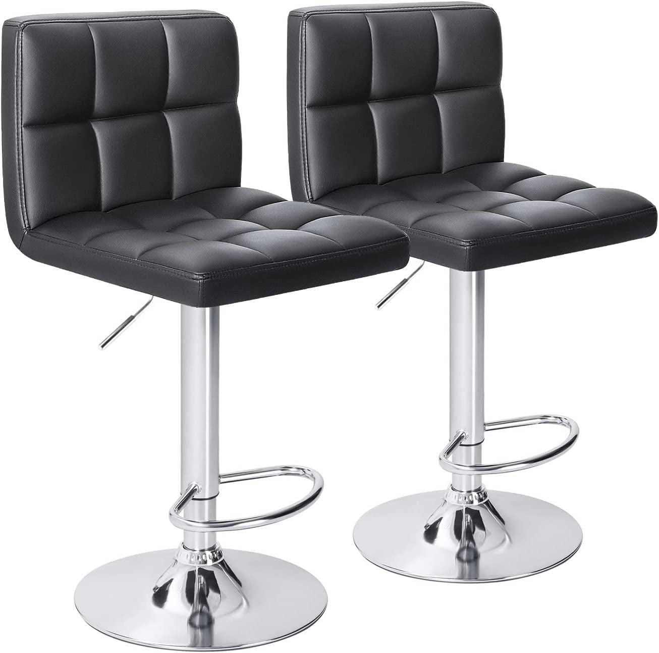 Modern PU Leather Adjustable Swivel Bar Stools, Armless Hydraulic Kitchen Counter Barstools, Extra Height Square Island Barstools with Back, Set of 2 (Black)